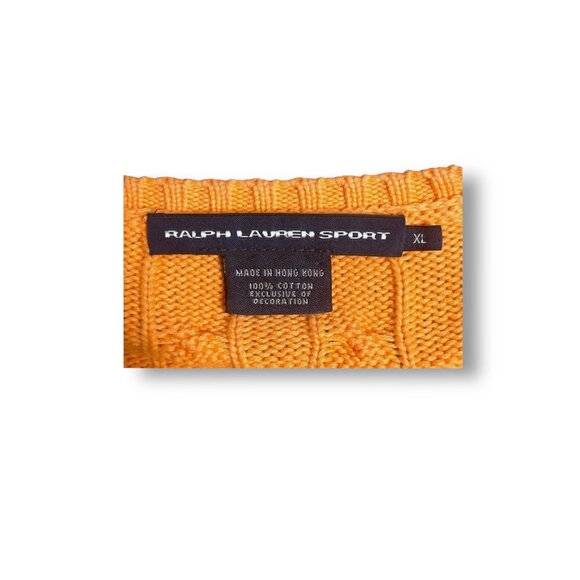Vintage Ralph Lauren Sport Orange Cable Knit V-Neck Sweater Preppy Coastal XL - Picture 7 of 8